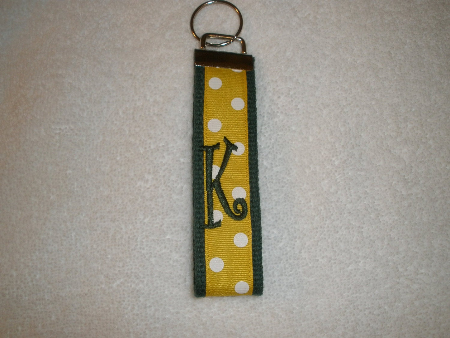 William & Mary University, Baylor Univ. George Mason Univ. - Monogrammed Key Fob Keychain Cotton Hunter Green Webbing Yellow Ribbon Wristlet