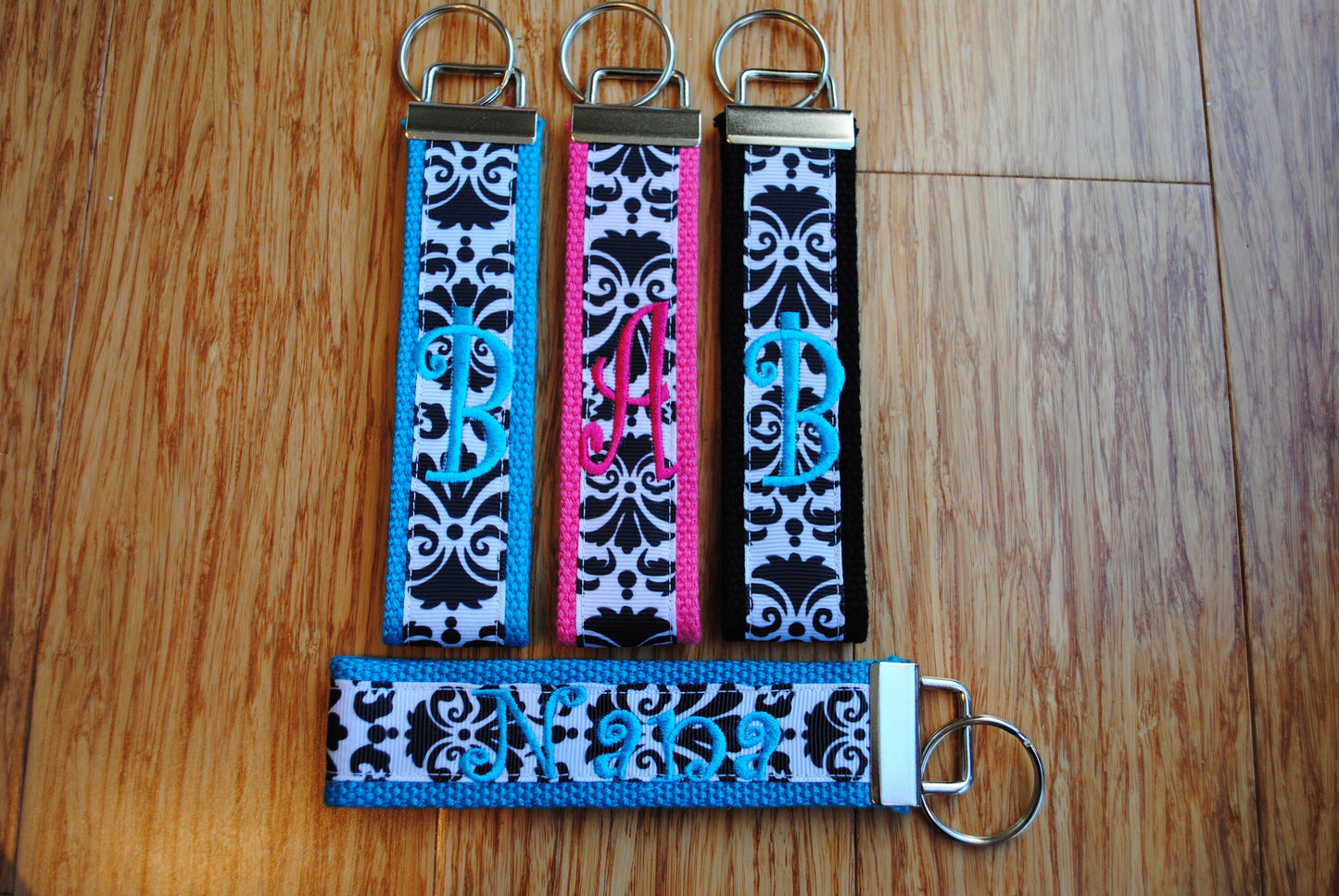 Keychain - Damask,Monogram Black & White Grosgrain Ribbon-Choose Webbing, Letter, Sorority or Personalize Key Fob Wristlet,Sorority Keychain