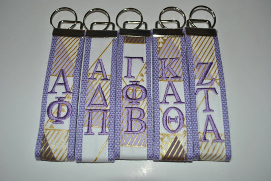 Sorority Keychain - Lavendar Webbing, Purple geometric, Key Fob Wristlet Official Licensed, Personlized Embroidery Choose Sorority,