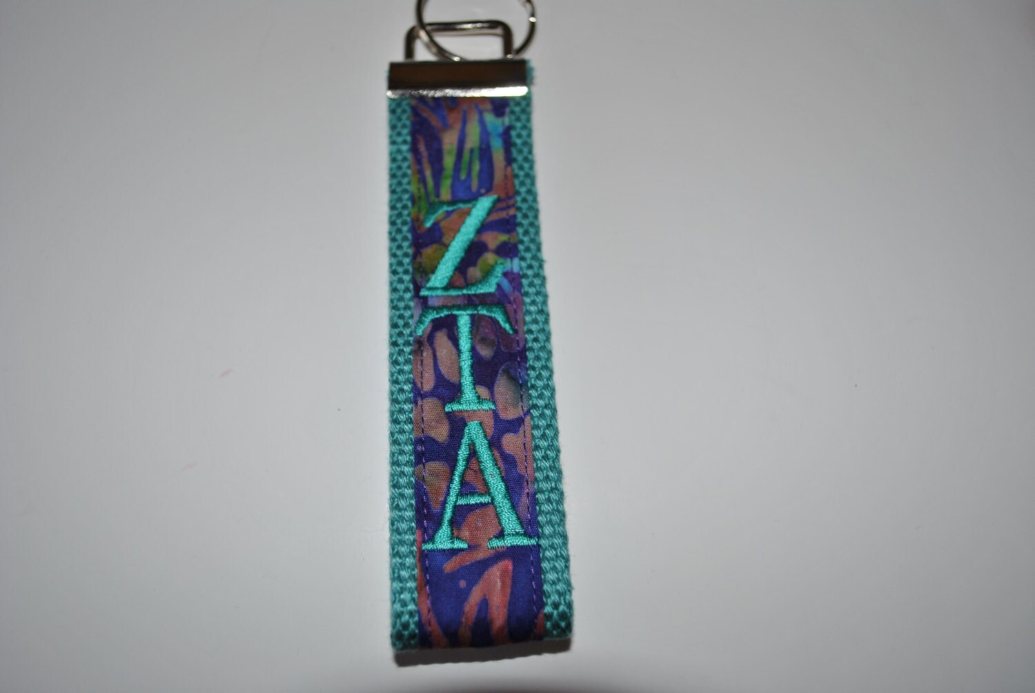 Sorority Keychain - Teal Geometric Fabric Key Fob Wristlet Official Licensed Greek Life Personlize Embroidery Choose Sorority, Teal Webbing