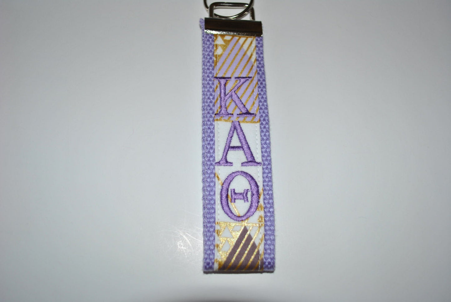 Sorority Keychain - Lavendar Webbing, Purple geometric, Key Fob Wristlet Official Licensed, Personlized Embroidery Choose Sorority,