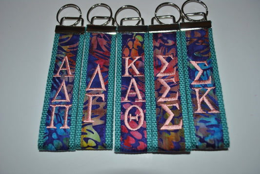 Sorority Keychain - Teal Geometric Fabric Key Fob Wristlet Official Licensed Greek Life Personlize Embroidery Choose Sorority, Teal Webbing