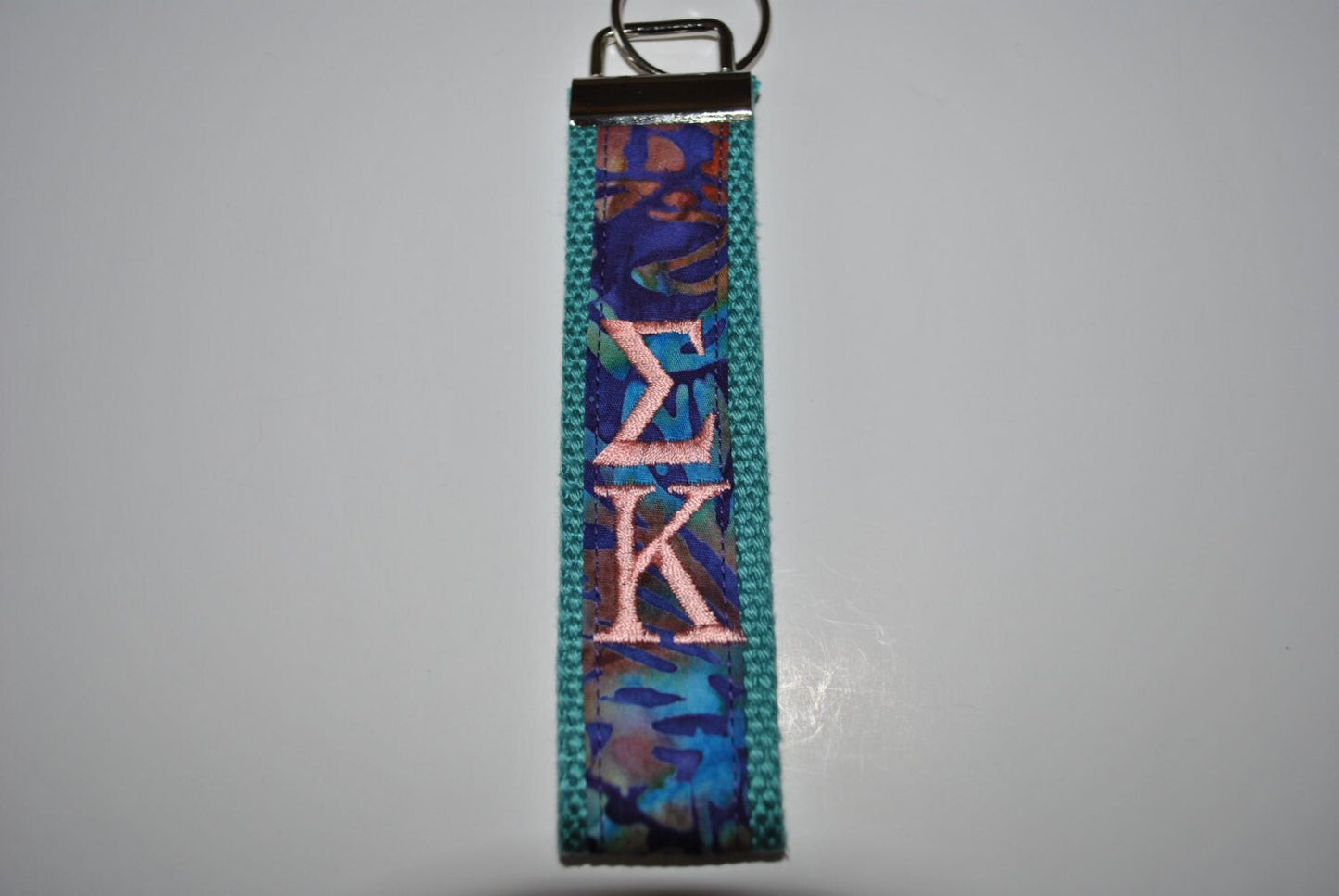 Sorority Keychain - Teal Geometric Fabric Key Fob Wristlet Official Licensed Greek Life Personlize Embroidery Choose Sorority, Teal Webbing