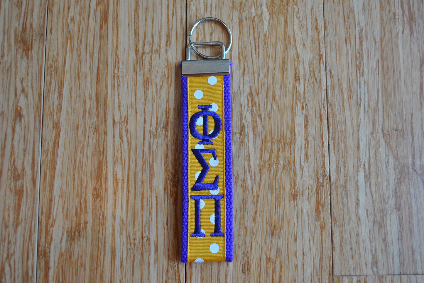 Phi Sigma Pi Key Fob keychain-Purple Webbing w/Gold White Polka Dot Ribbon Purple Monogram Wristlet(OFFICIAL LICENSED PRODUCT)