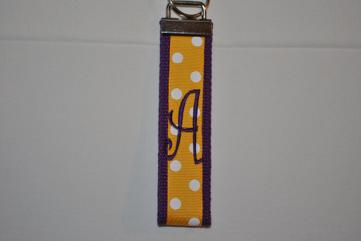 James Madison University/Keyfob/Keychain, East Caroline Univ, LSU -Purple and Gold Monogrammed Wristlet, Embroidered keychain