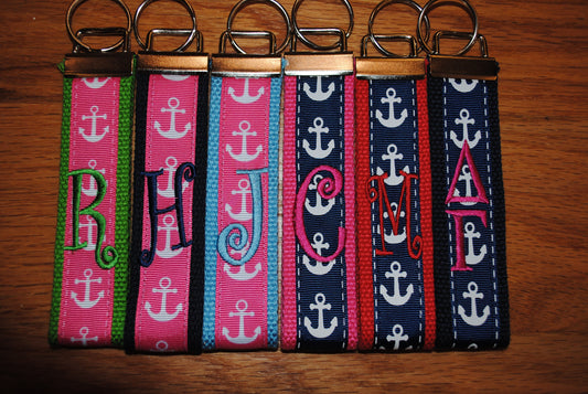 Keychain - Anchor, Keyfob, Choose Sorority/Letter/Grandmother/Beach Monogram Cotton Webbing Jacquard Ribbon Wristlet, Key Ring, Personalized