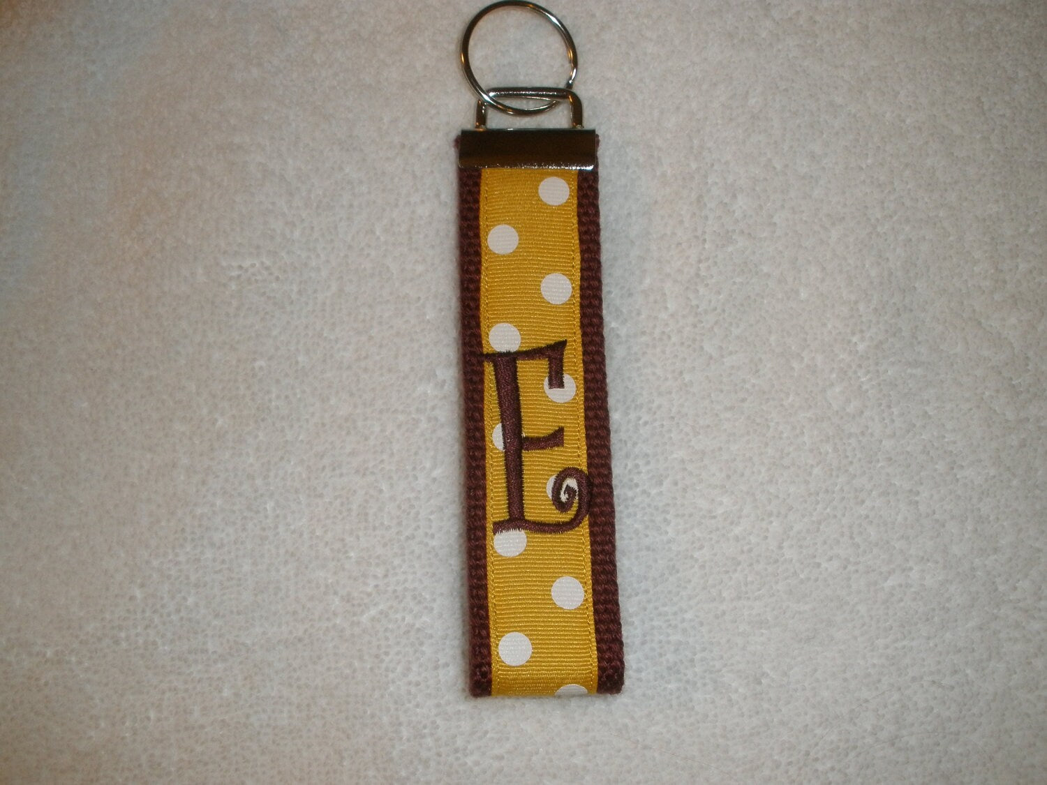 Elon Keychain -Loyola,Florida State, Minnesota University - Monogrammed Keychain Burgundy Webbing Gold & White Polka Dot Ribbon Wristlet