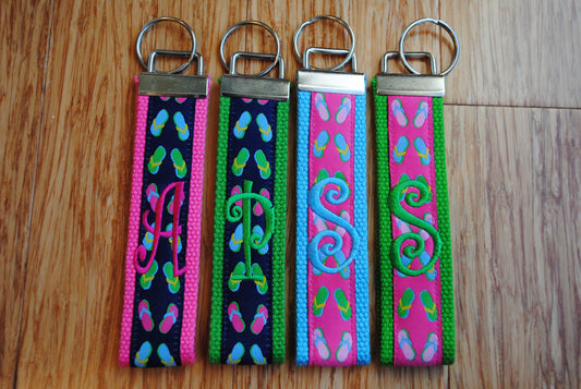 Keychain - Flip Flop, Choose Sorority/Letter/Grandmother Monogram Key Fob Keychain Cotton Webbing Jacquard Ribbon Wristlet Personalized