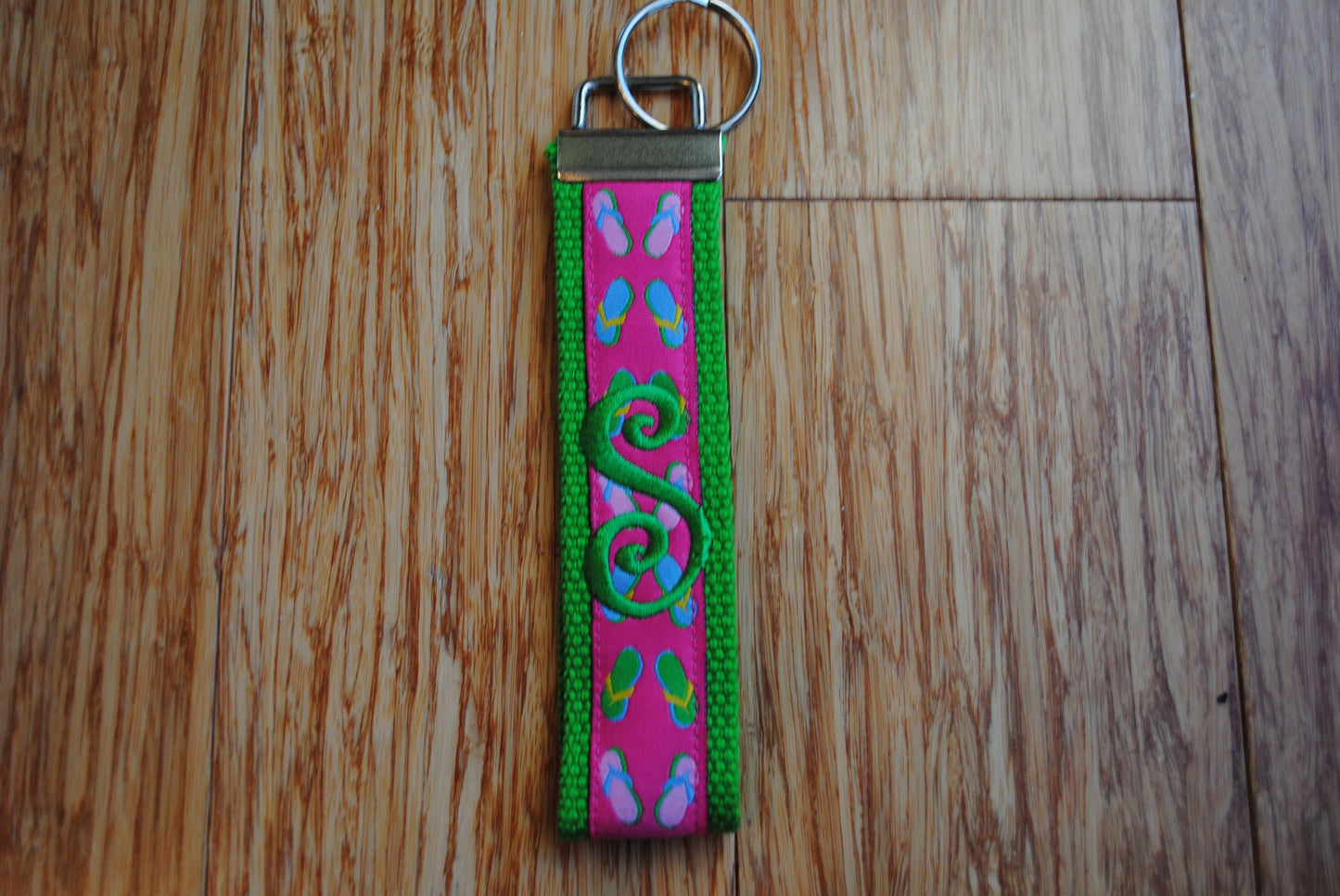 Keychain - Flip Flop, Choose Sorority/Letter/Grandmother Monogram Key Fob Keychain Cotton Webbing Jacquard Ribbon Wristlet Personalized