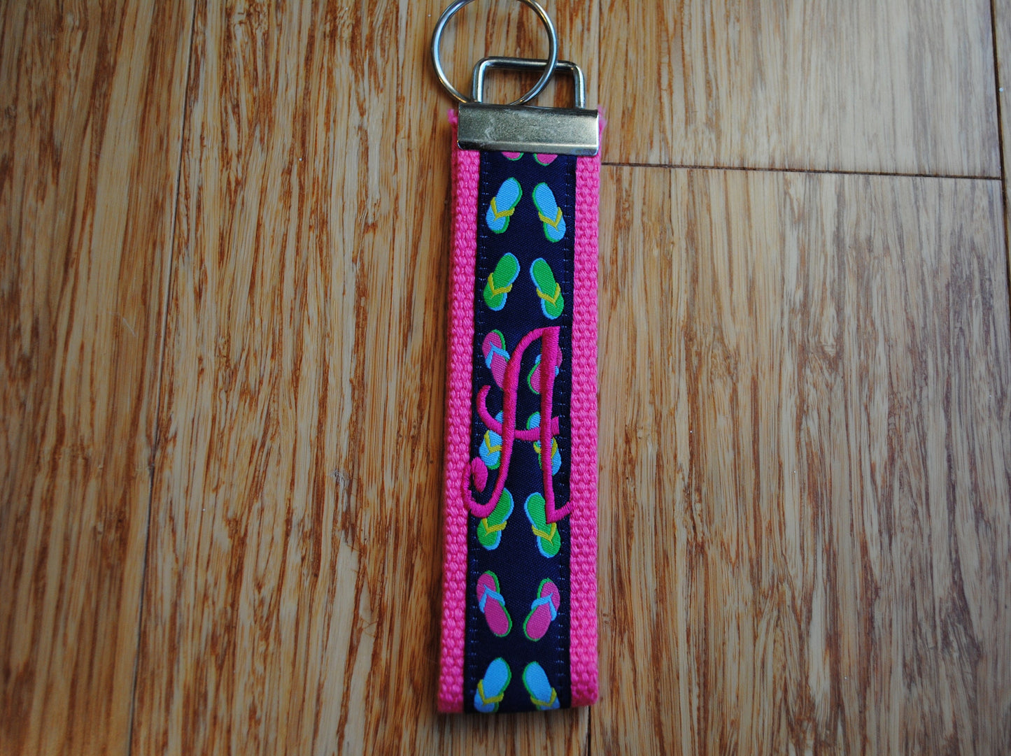 Keychain - Flip Flop, Choose Sorority/Letter/Grandmother Monogram Key Fob Keychain Cotton Webbing Jacquard Ribbon Wristlet Personalized