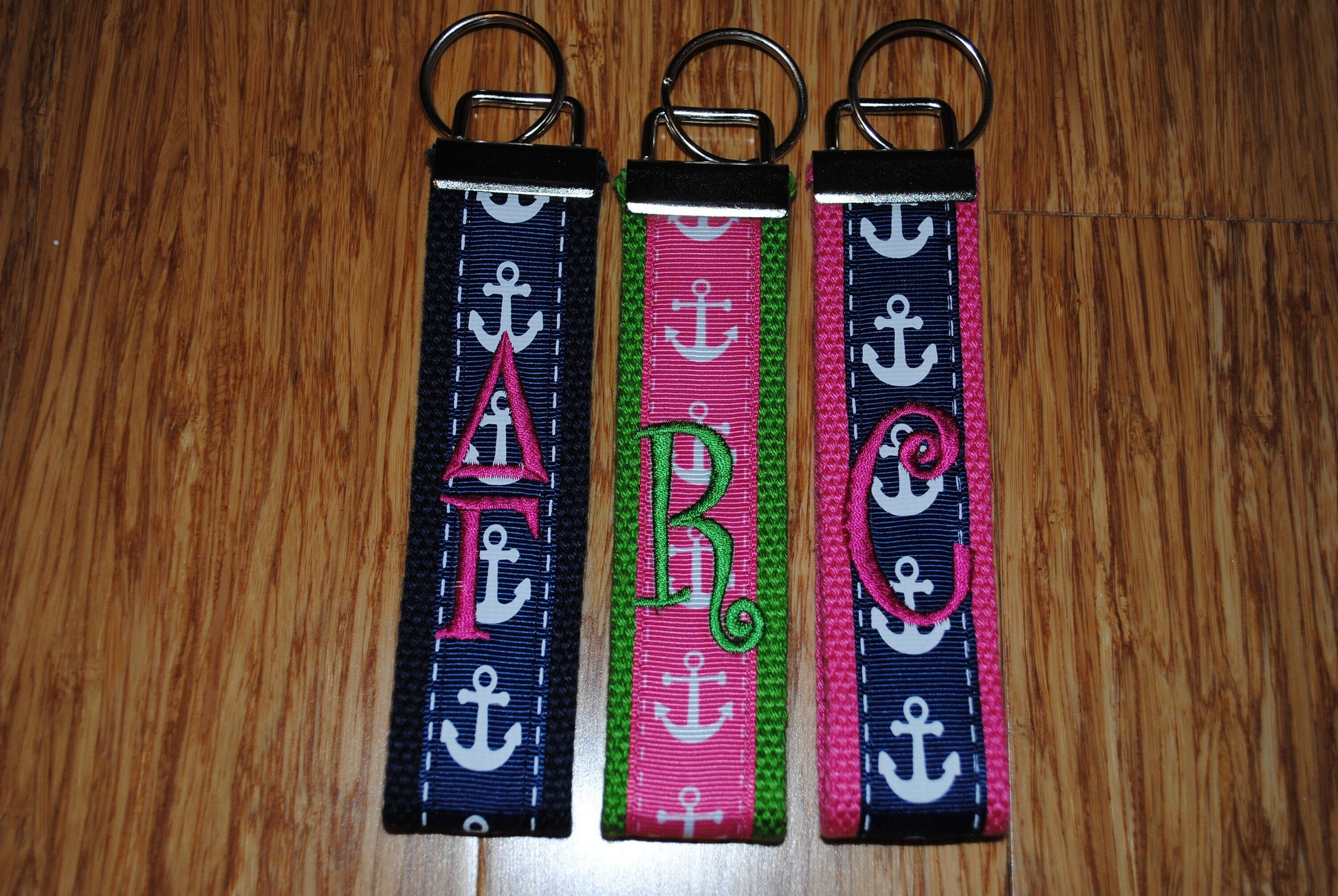 Keychain - Anchor, Keyfob, Choose Sorority/Letter/Grandmother/Beach Monogram Cotton Webbing Jacquard Ribbon Wristlet, Key Ring, Personalized