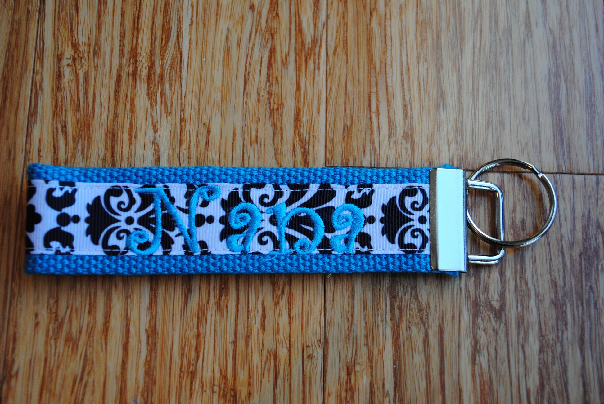 Keychain - Damask,Monogram Black & White Grosgrain Ribbon-Choose Webbing, Letter, Sorority or Personalize Key Fob Wristlet,Sorority Keychain