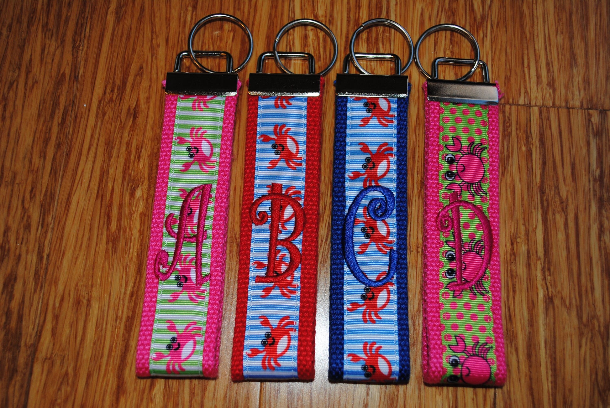 Keychain - Crab, Choose Letter-Whimsey Crab - Personalize Monogrammed KeyFob Keychain Webbing Ribbon Wristlet