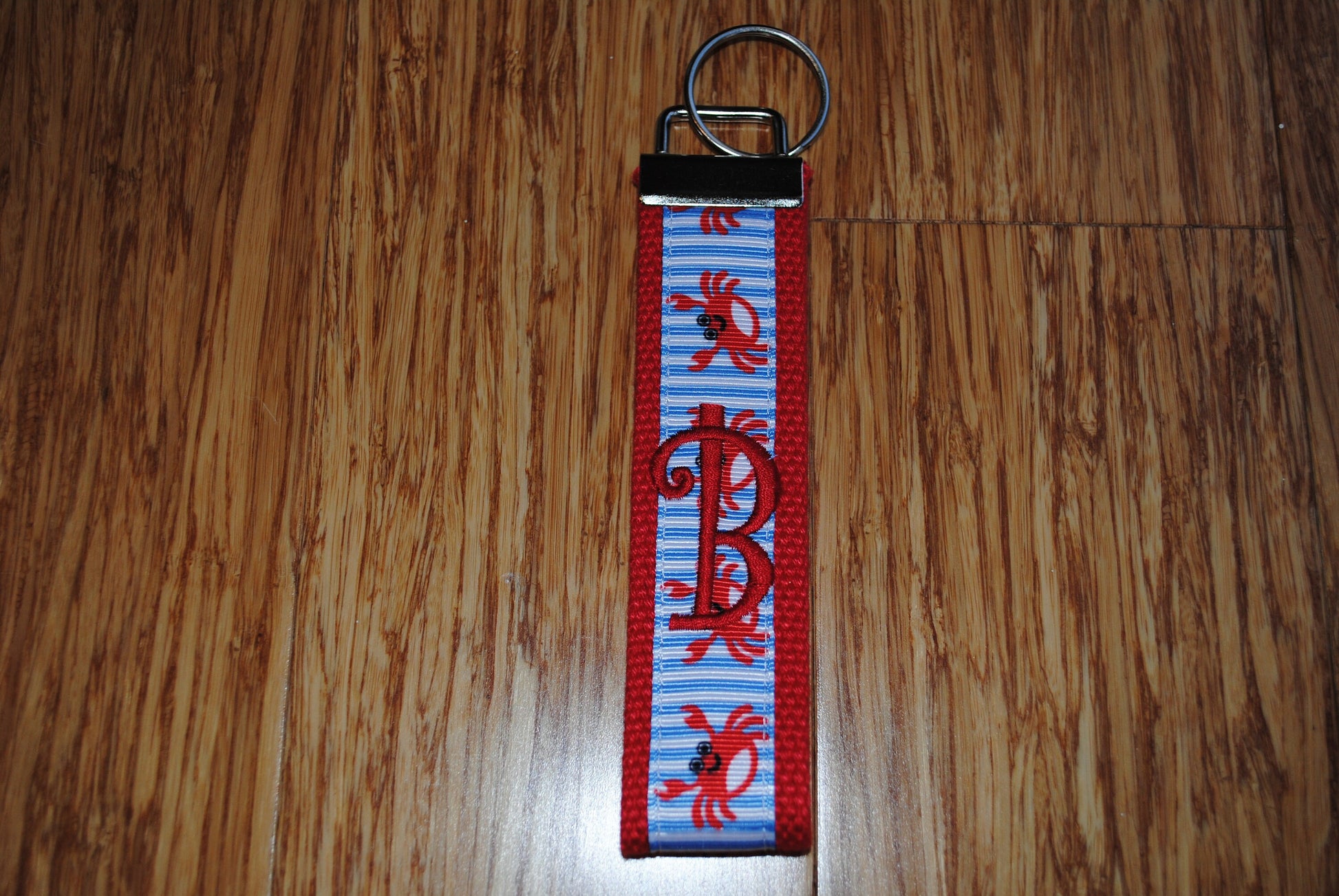 Keychain - Crab, Choose Letter-Whimsey Crab - Personalize Monogrammed KeyFob Keychain Webbing Ribbon Wristlet