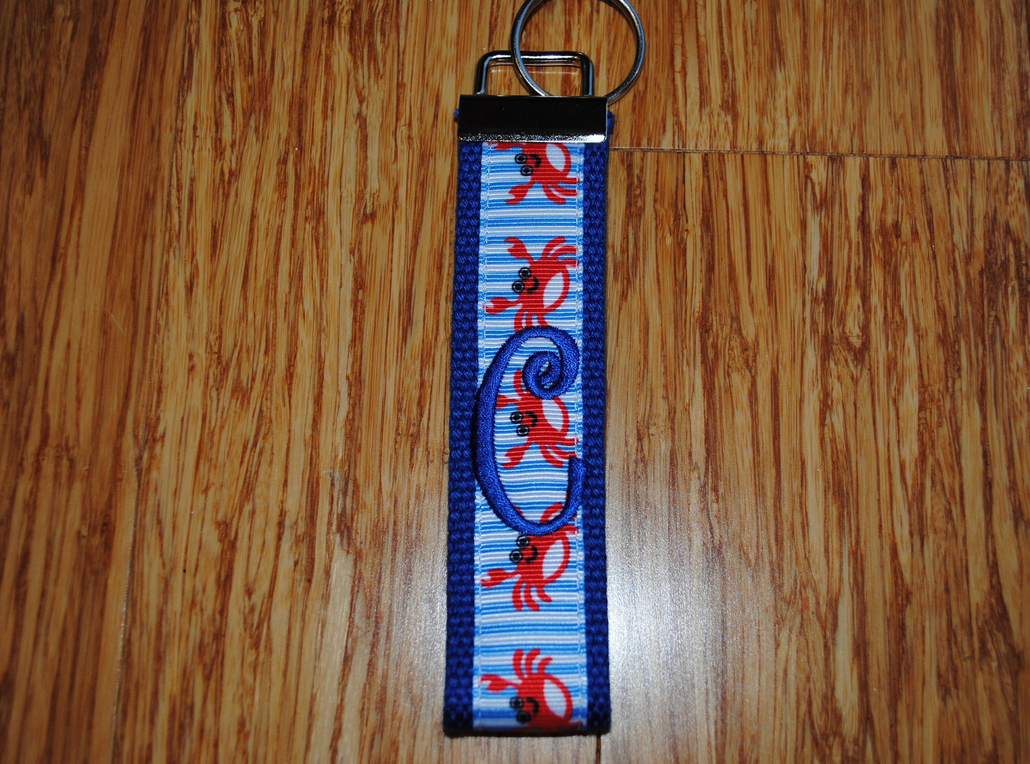 Keychain - Crab, Choose Letter-Whimsey Crab - Personalize Monogrammed KeyFob Keychain Webbing Ribbon Wristlet