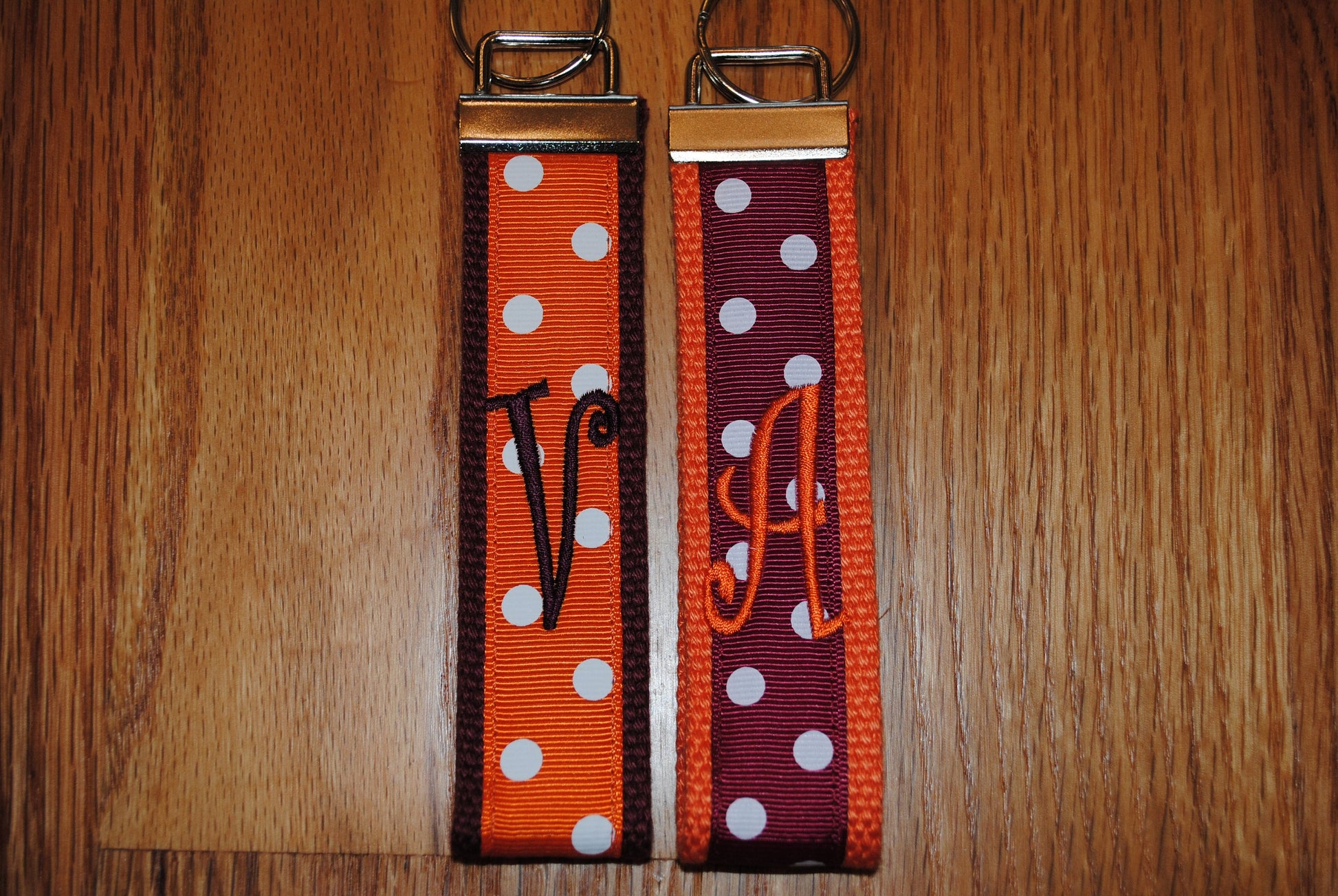 Virginia Tech University Keychain - Monogrammed Key Fob Cotton Webbing Grosgrain Ribbon Wristlet, Embroidery keychain