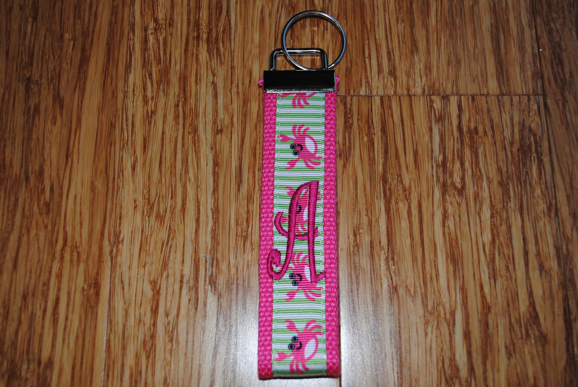 Keychain - Crab, Choose Letter-Whimsey Crab - Personalize Monogrammed KeyFob Keychain Webbing Ribbon Wristlet