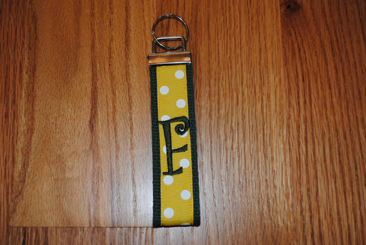 William & Mary University, Baylor Univ. George Mason Univ. - Monogrammed Key Fob Keychain Cotton Hunter Green Webbing Yellow Ribbon Wristlet