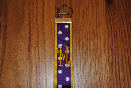 James Madison University/Keyfob/Keychain, East Caroline Univ, LSU -Purple and Gold Monogrammed Wristlet, Embroidered keychain