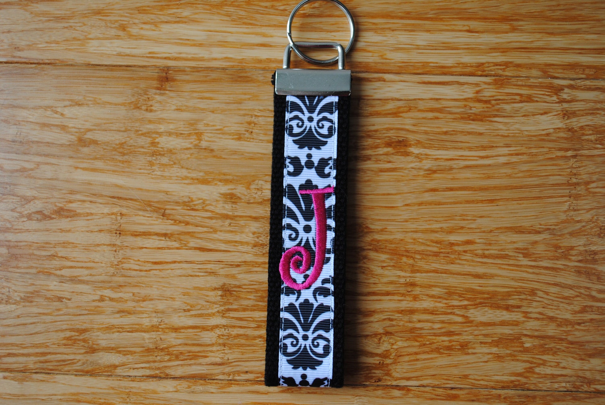 Keychain - Damask,Monogram Black & White Grosgrain Ribbon-Choose Webbing, Letter, Sorority or Personalize Key Fob Wristlet,Sorority Keychain