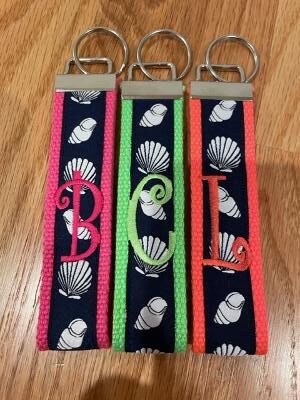 Keychain -Shell Key Fob - Sea Shells/Beach Choose Sorority/Letter/Grandmother Monogram Cotton Webbing Grosgrain Ribbon Wristlet Personalized