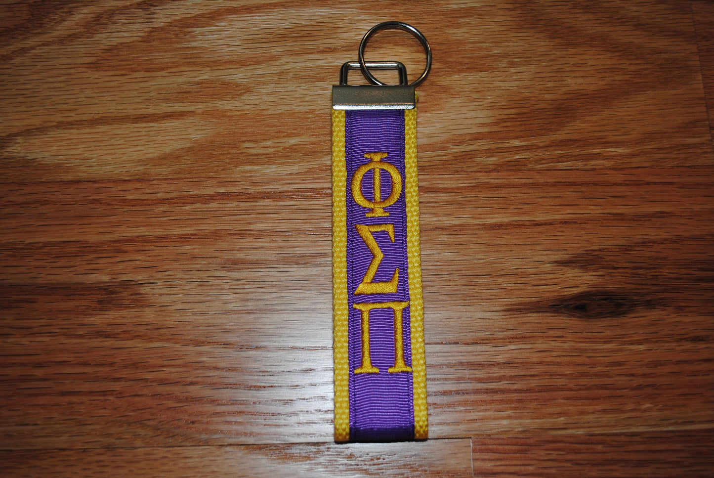 Phi Sigma Pi Key Fob keychain-Purple Webbing w/Gold White Polka Dot Ribbon Purple Monogram Wristlet(OFFICIAL LICENSED PRODUCT)