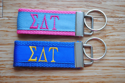 Sigma Delta Tau Sorority Keychain/SMALL/Solid Ribbon/Keyfob/Monogram/Choose Design/Sorority/Letter/Licensed product/Embroidery 3 1/2" long