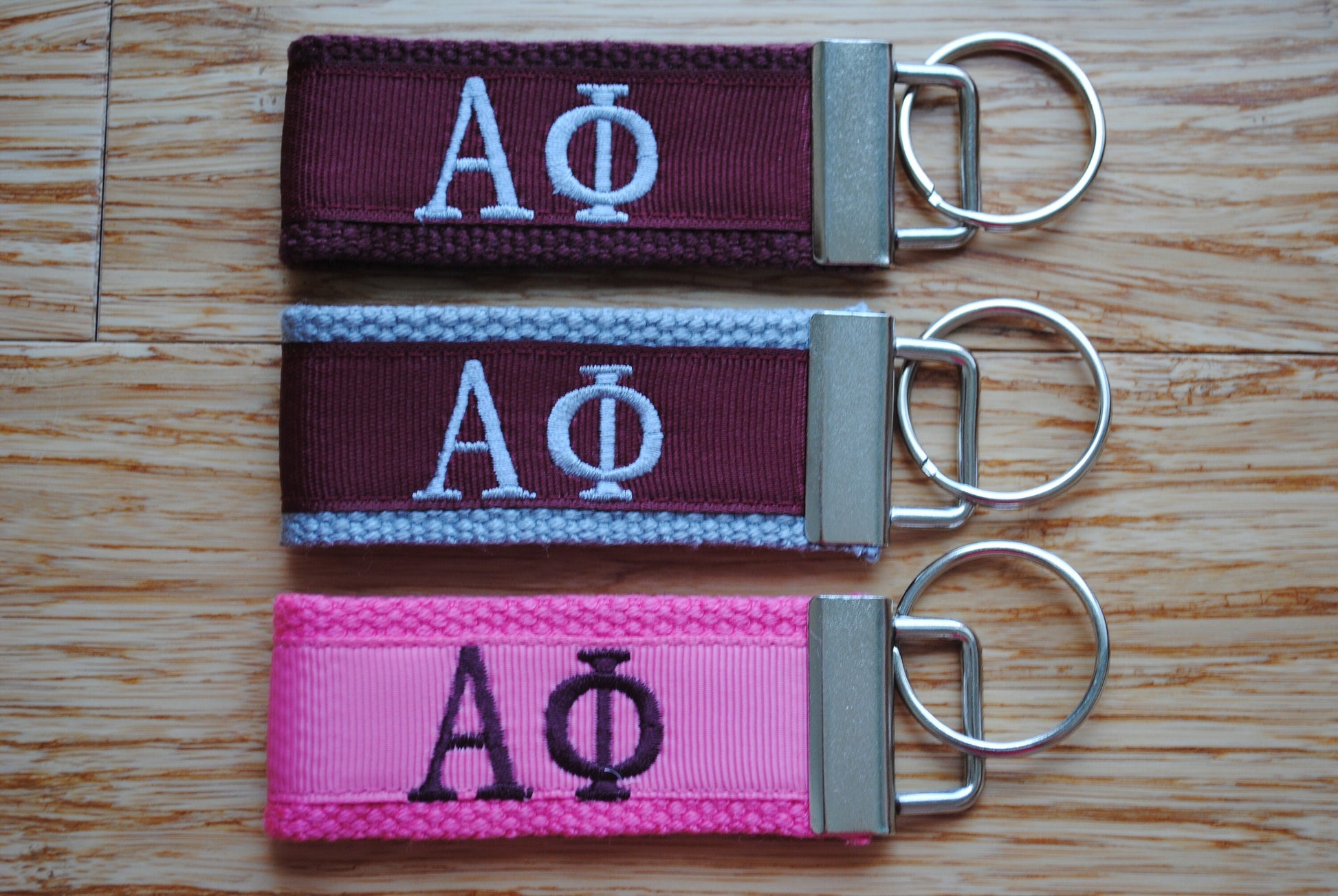 Alpha Phi Sorority Keychain/SMALL/Solid Ribbon/ Keyfob/Monogrammed/Choose Design/Sorority/Letter/Licensed product/Embroidery, 3 1/2" long