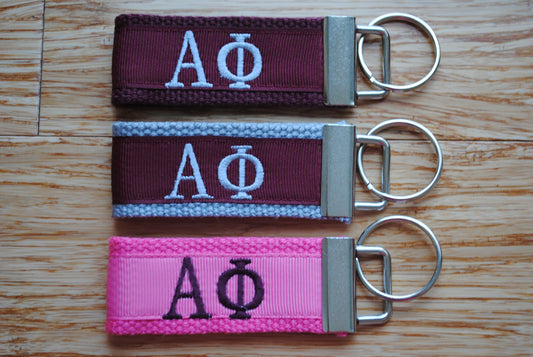 Alpha Phi Sorority Keychain/SMALL/Solid Ribbon/ Keyfob/Monogrammed/Choose Design/Sorority/Letter/Licensed product/Embroidery, 3 1/2" long