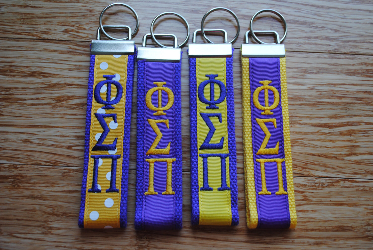 Phi Sigma Pi Key Fob keychain-Purple Webbing w/Gold White Polka Dot Ribbon Purple Monogram Wristlet(OFFICIAL LICENSED PRODUCT)