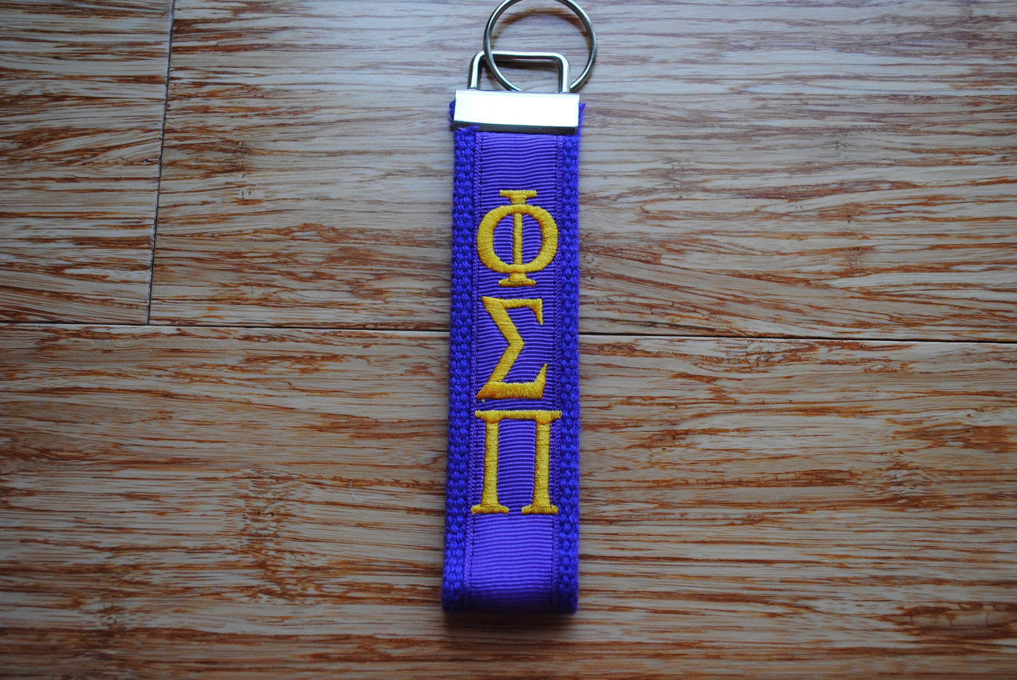 Phi Sigma Pi Key Fob keychain-Purple Webbing w/Gold White Polka Dot Ribbon Purple Monogram Wristlet(OFFICIAL LICENSED PRODUCT)