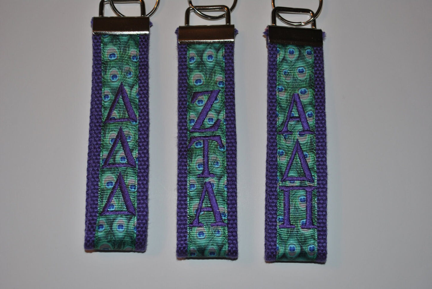 Sorority Keychain - Key Fob/Peacock Ribbon/Wristlet/Purple Webbing/Licensed Product/ Greek Life/Personlized/ Embroidery/Choose Sorority