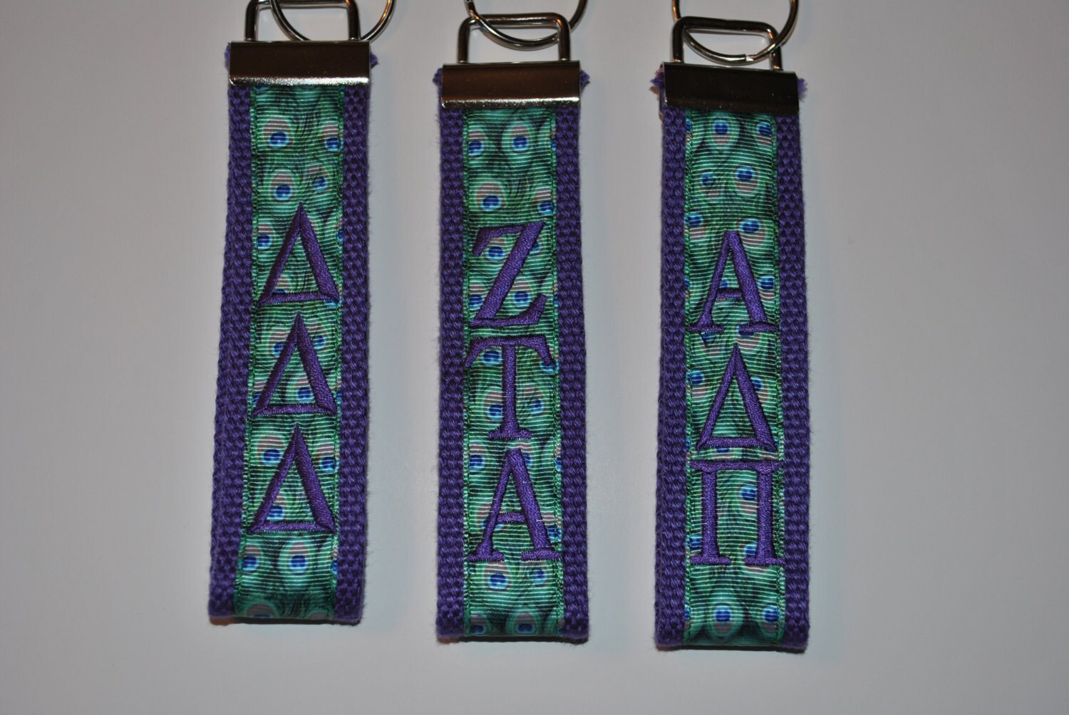 Sorority Keychain - Key Fob/Peacock Ribbon/Wristlet/Purple Webbing/Licensed Product/ Greek Life/Personlized/ Embroidery/Choose Sorority