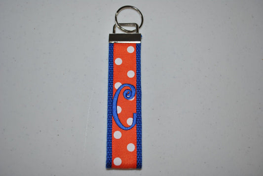 Florida Keychain - Monogrammed Key Fob Keychain Cotton Royal Webbing Orange Ribbon Wristlet