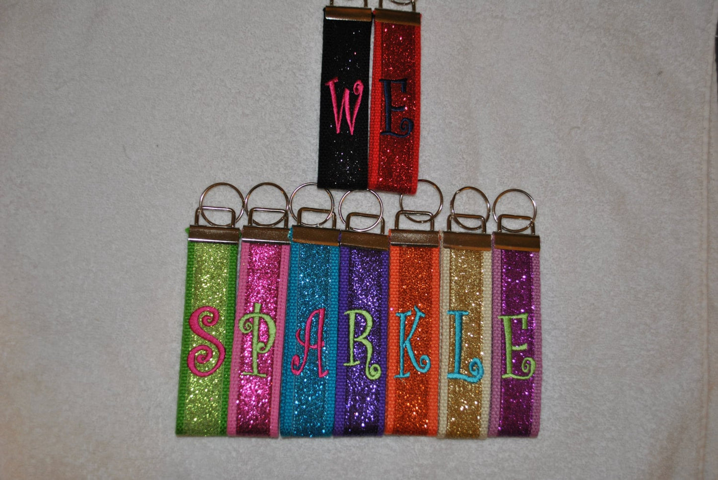 Keychain - Glitter, Sparkle Monogrammed Key Fob Keychain Cotton Webbing Ribbon Wristlet