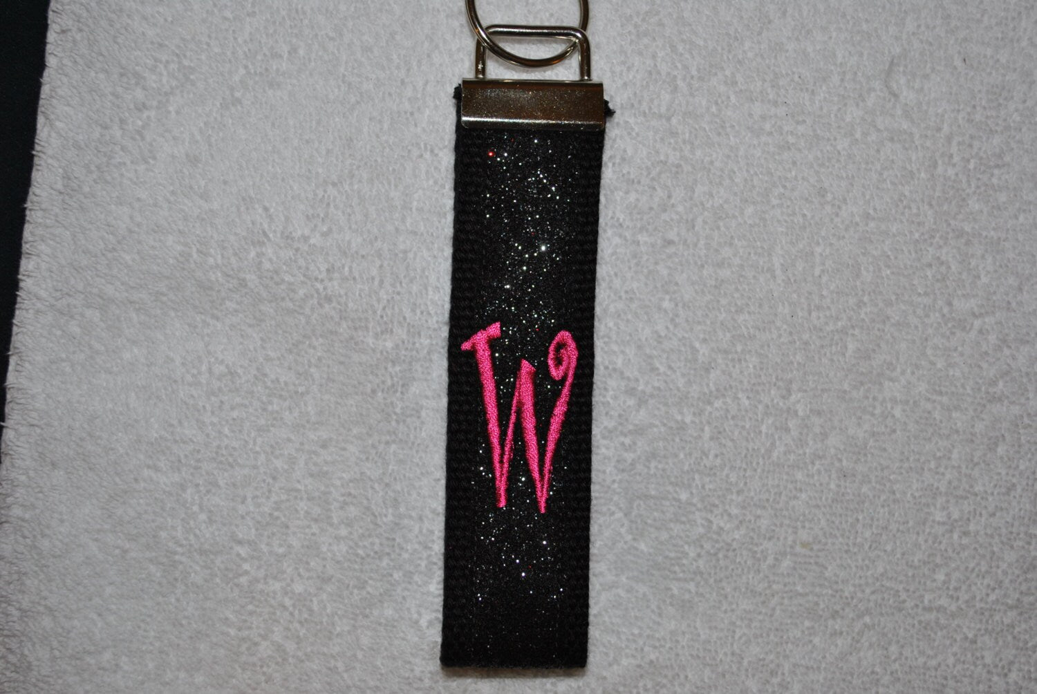 Keychain - Glitter, Sparkle Monogrammed Key Fob Keychain Cotton Webbing Ribbon Wristlet