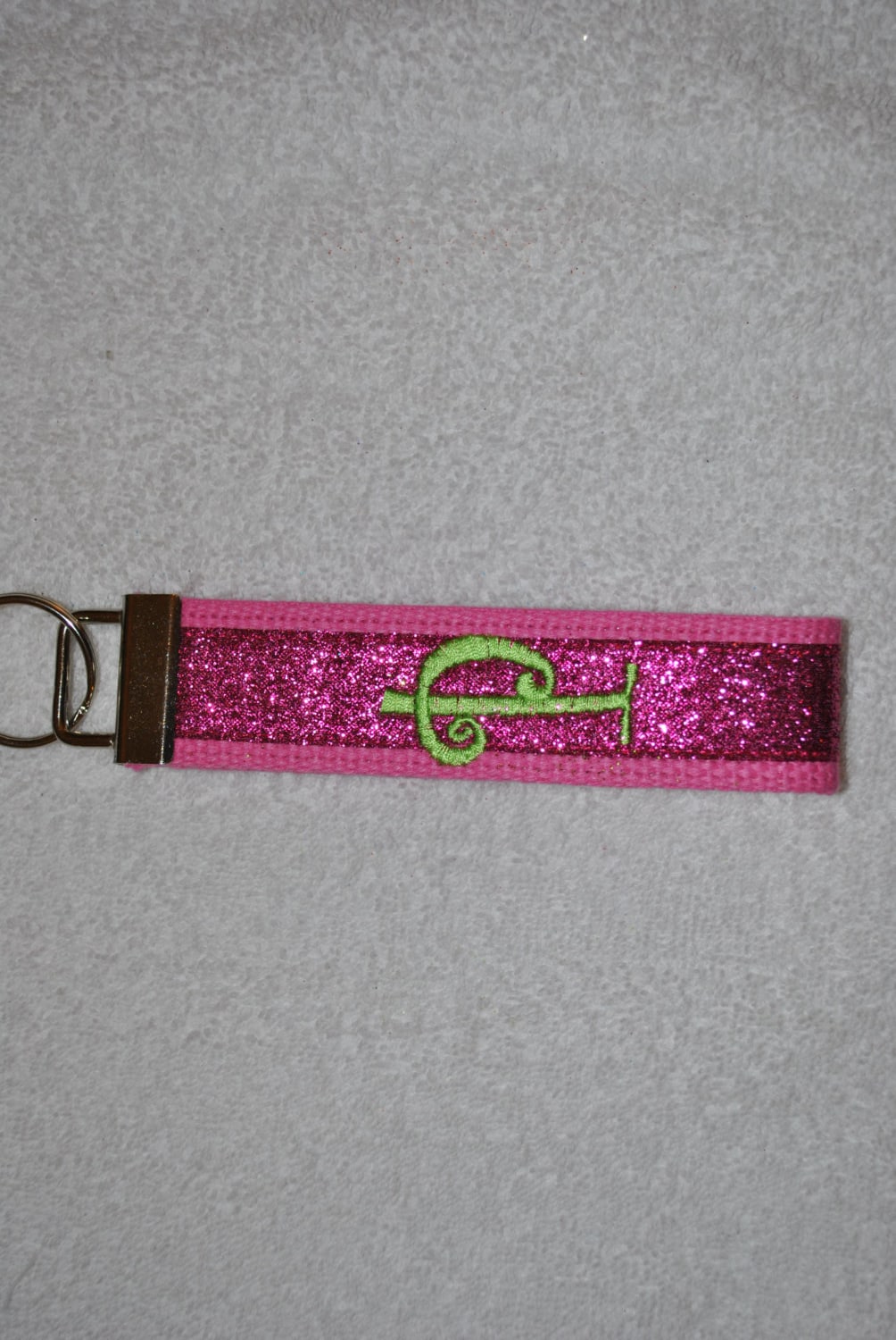 Keychain - Glitter, Sparkle Monogrammed Key Fob Keychain Cotton Webbing Ribbon Wristlet